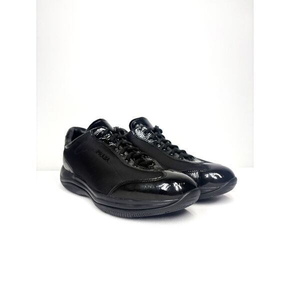 Vintage Prada Calzature Donna Black Patent Leather Sneaker Nylon Laces Women 38 - Picture 1 of 7